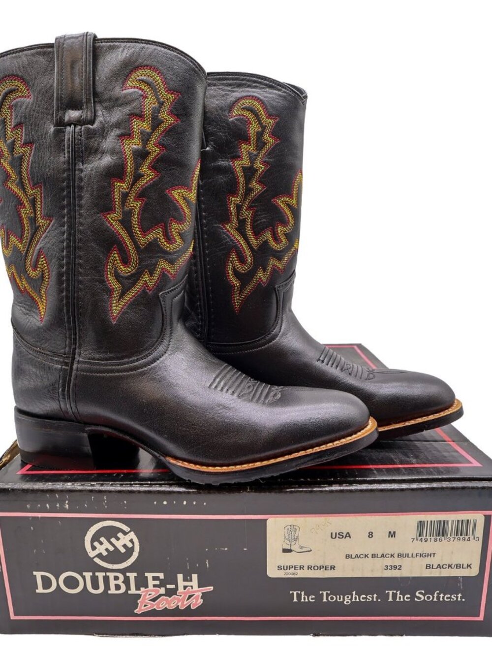 Vintage Double-H Boots Mens 8 M Black Leather Super Roper Cowboy Boots 3392 NWB